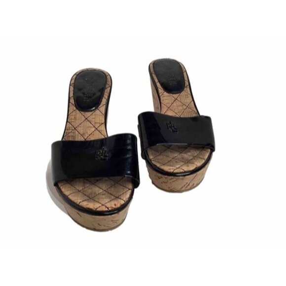 Ralph Lauren Women’s 8 1/2 Black Patent Leather Strap Cork Wedge Open Toe Heels - Picture 3 of 5